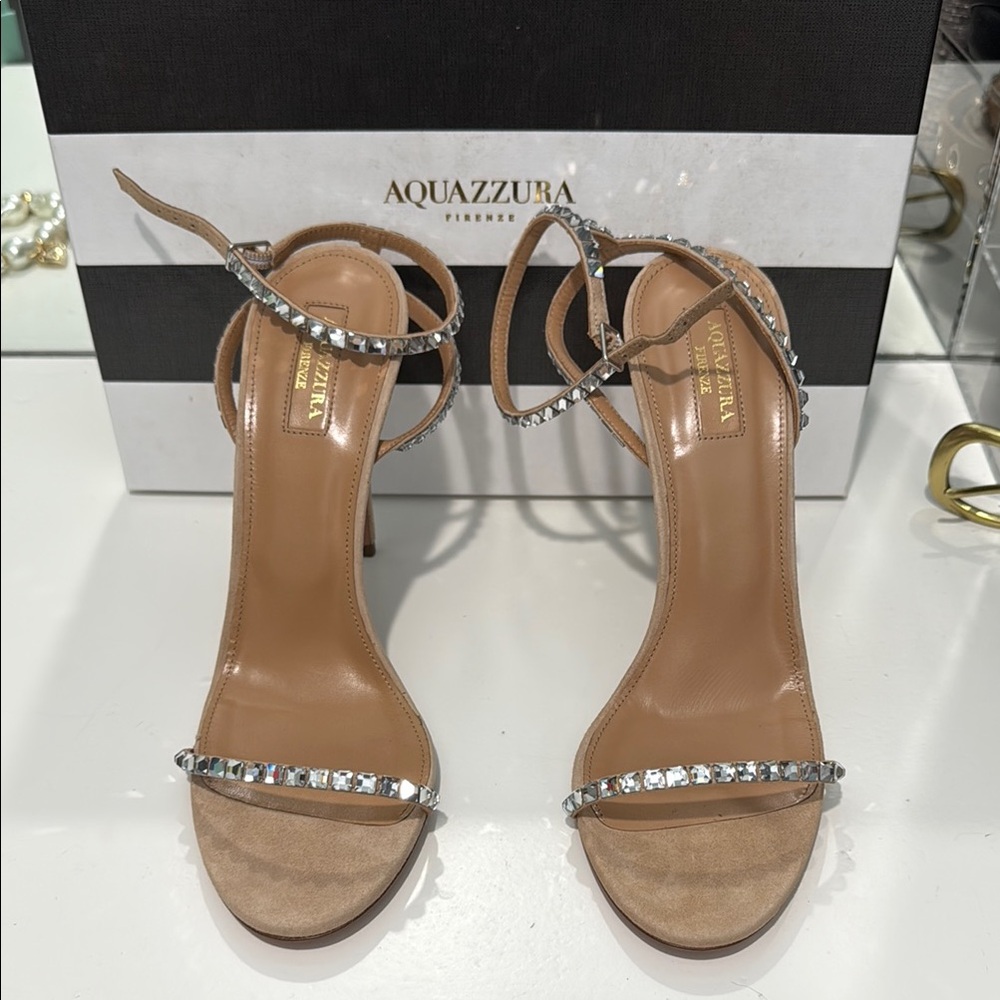 Aquazzura Very Vera Tan Crystal Embellished Heels 105